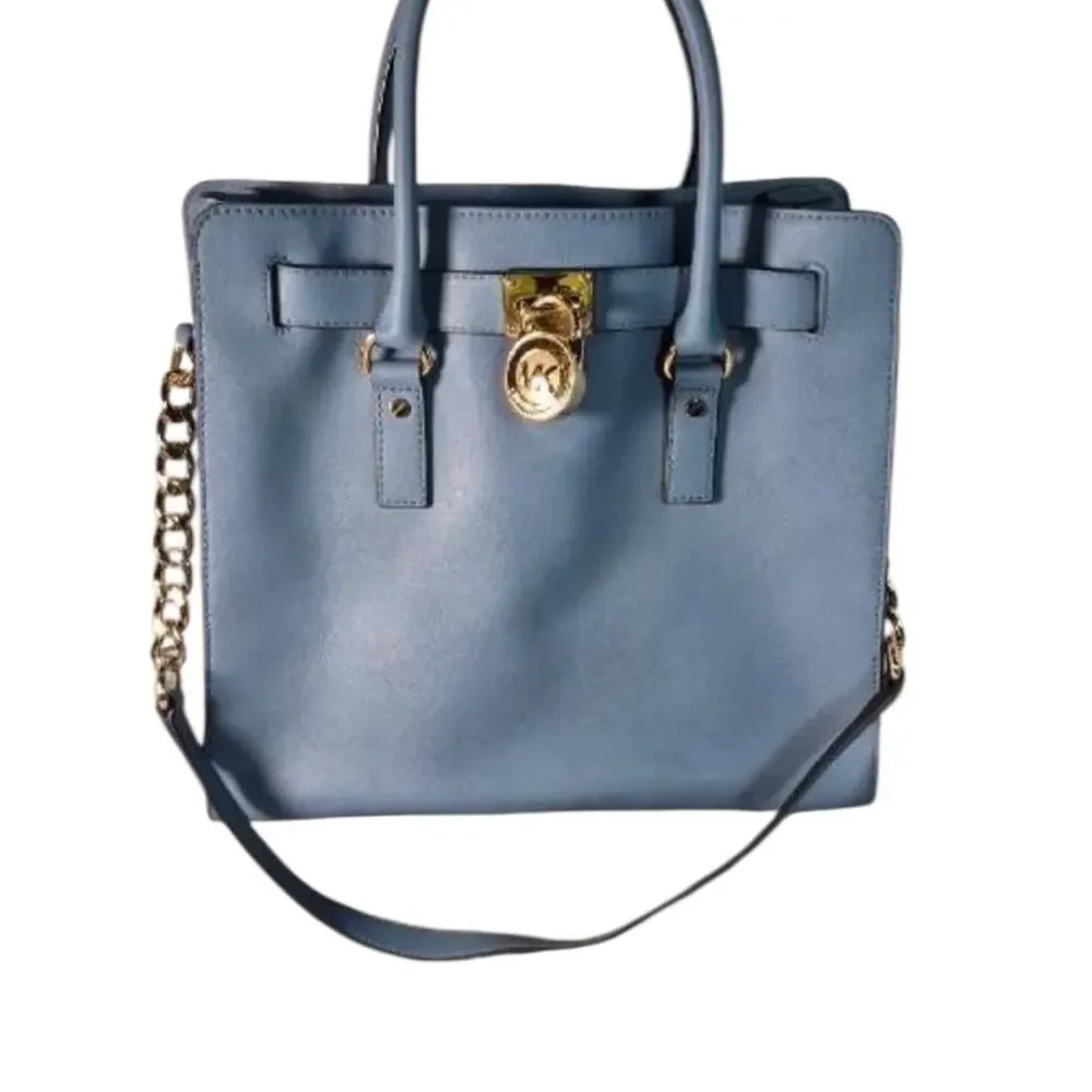Michael Kors Hamilton Tote Blue Leather Handbag with Gold Accents